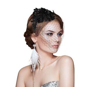 1920s Black Mesh Veil Fascinator Headband Bridal Wedding Tea Party Accessory